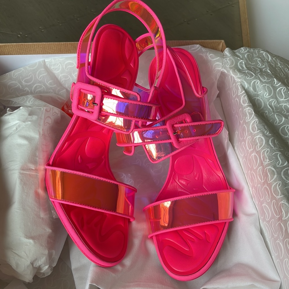 Christian Louboutin loubi duniss 100mm pink neon pvc pump peep toe sandal s 38.5 - Picture 11 of 12